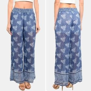 Blue and White Floral Wide Leg Boho Palazzo Pants